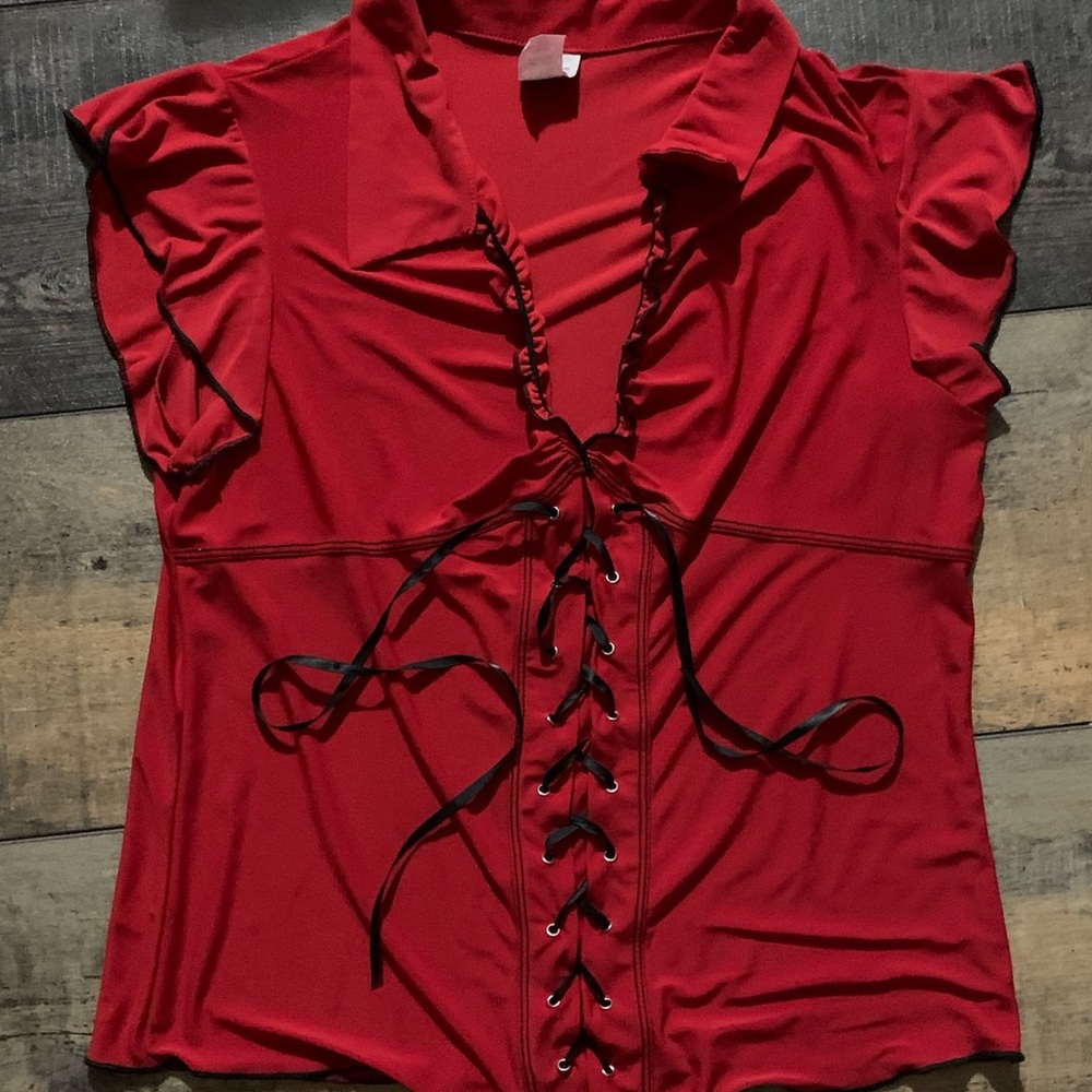 Red “Corset” Ribboned Blouse